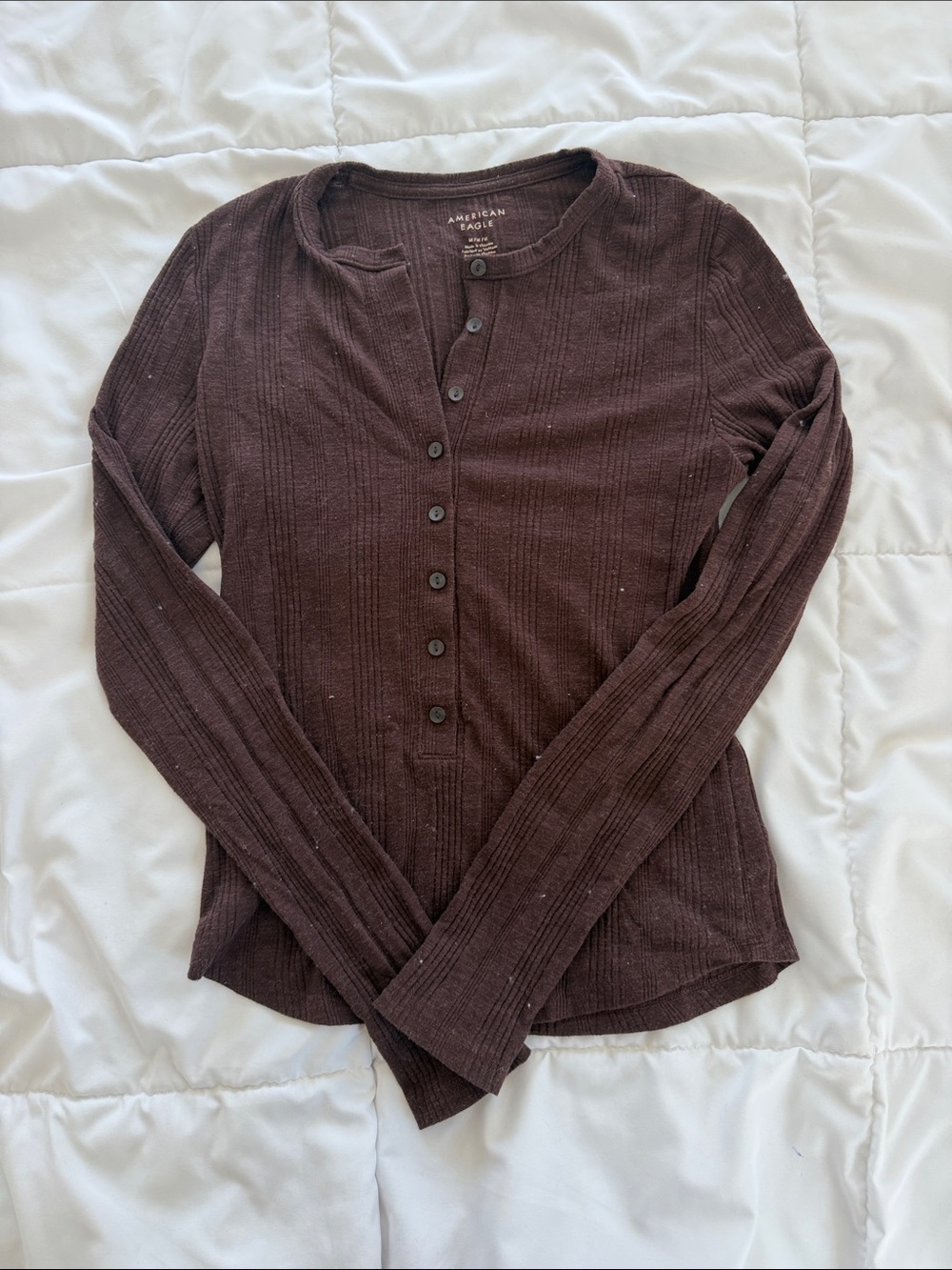 American Eagle Outfitters Women's Dark Brown Ribbed Henley Button-Up Top
